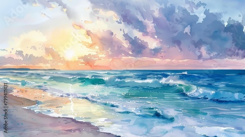 Serene Watercolor Beach at Dawn