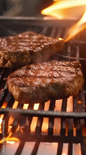 Sizzling steak on the grill.
