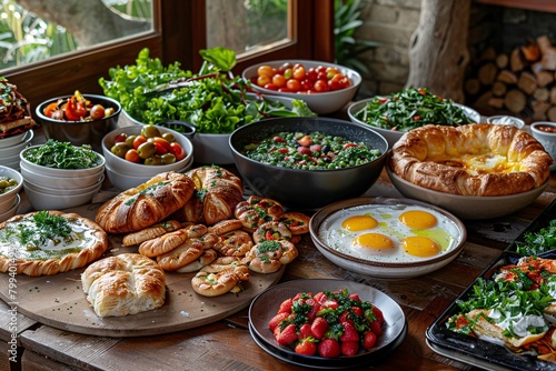 A lavish brunch spread featuring an array of dishes including eggs, pastries, salads, and fruits on a wooden table.