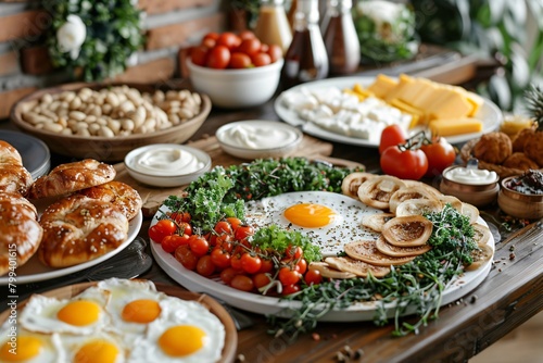 A lavish brunch table featuring eggs, pastries, cheese, fresh vegetables, and various condiments elegantly laid out.