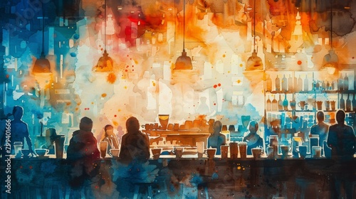 Busy Coffee Shop Watercolor Painting