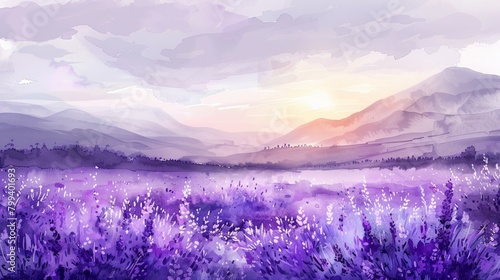 Watercolor Painting of a Lavender Field