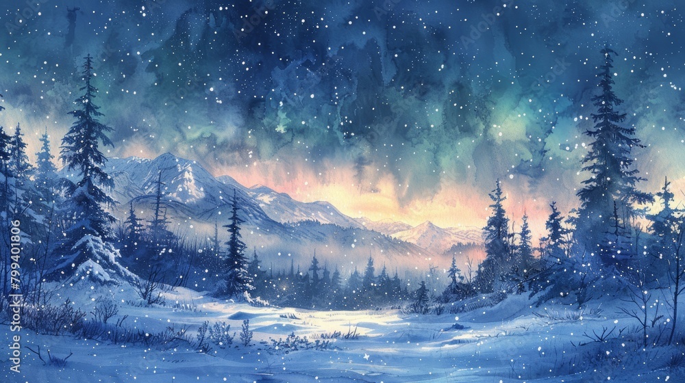 Watercolor Winter Wonderland with Aurora