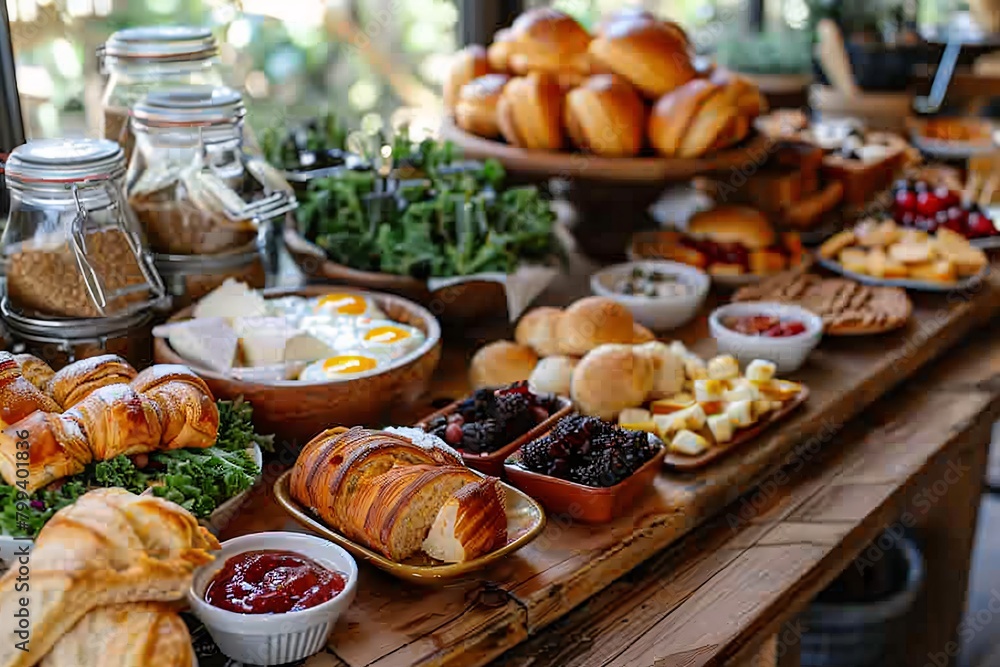Assorted brunch spread on a wooden table featuring croissants, eggs, fruits, cheeses, and various condiments, set by a window. Assorted brunch spread on a wooden table featuring croissants, eggs, fruits, cheeses, and various condiments, set by a window.