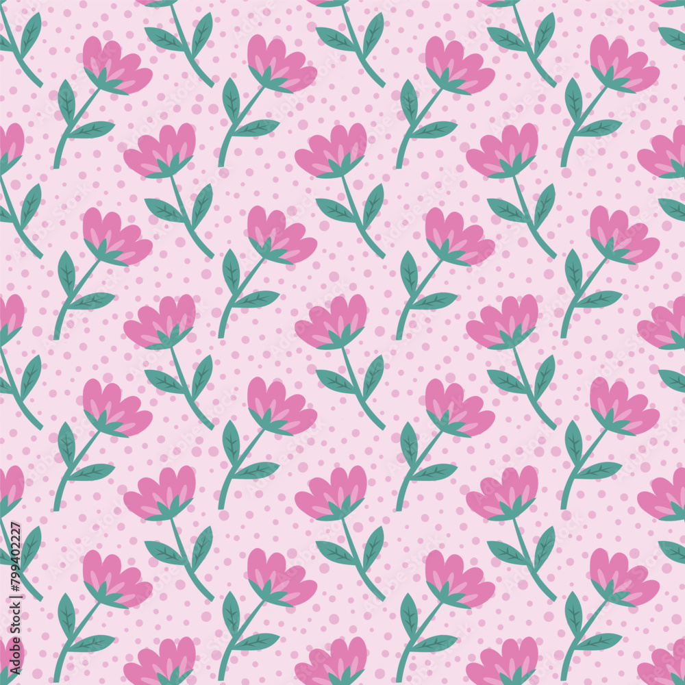 Vintage seamless floral pattern. A background of bright flowers on a pink polka dot background. Vector graphics for printing on surfaces and web design.