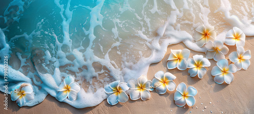 Plumeria also known as frangipani on the tropical beach background, aerial view