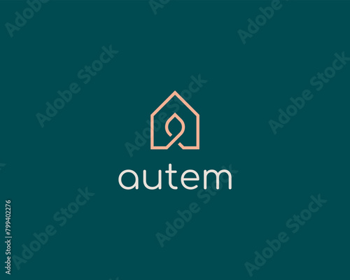 Abstract house and leaf line logo. Creative house home real estate icon. Park garden vector sign.