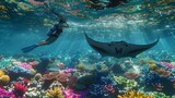 Underwater Adventure Snorkeler Gazes at Majestic Manta Ray in Vibrant Reef Scene