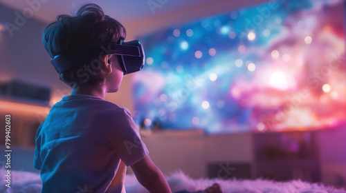 Imaginative Learning: Child Fascinated by VR Galaxy Experience with VR Glasses photo
