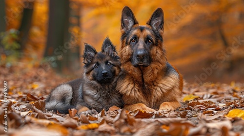  A couple of dogs resting beside each other atop a heap of leaves on the forest floor