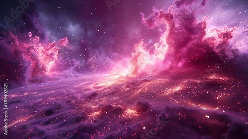  A sky filled with pink and purple clouds, encircled by a star-studded expanse
