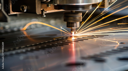 A CNC machine is cutting metal with sparks flying