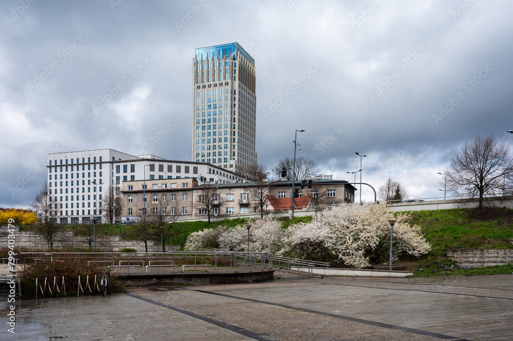 Krakow, Poland - Pedestrian zone at the Mogilskie roundabout, overviewing the business district Krakow, Poland - Pedestrian zone at the Mogilskie roundabout, overviewing the business district