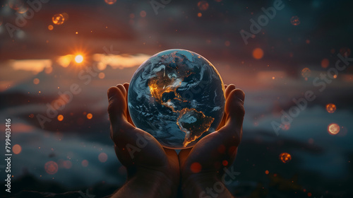 Hands holding a globe with a sun in the background