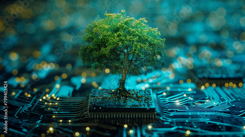 A tree is growing on a computer chip, concept of principles of Green IT and CSR in computing