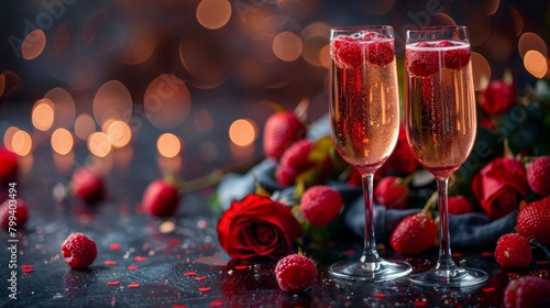 Two Glasses of Champagne With Rose Petals on a Table