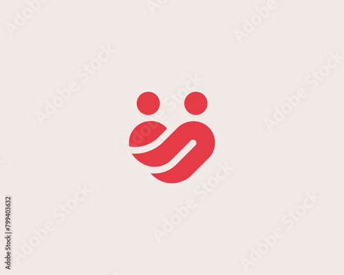 Abstract red heart logotype. Creative love hugs family sign. Vector illustration.