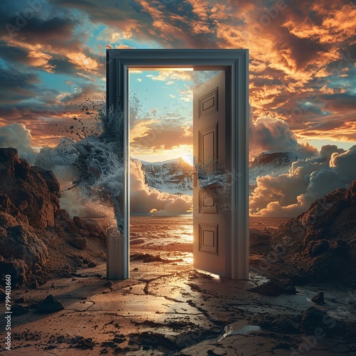 Wallpaper for business opportunities, abstract open doors in a surreal landscape, opportunities and possibilities theme