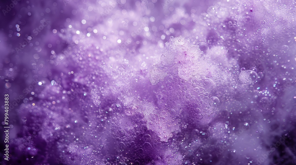   A tight shot of a purple and black backdrop adorned with numerous water droplets pooling at its base