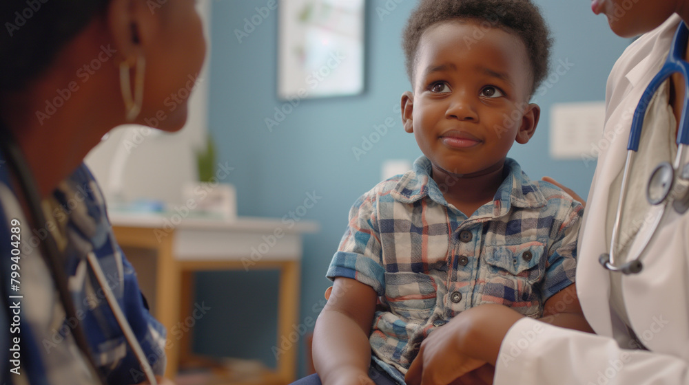 Female pediatrician talks to black little boy who is sitting on mother's lap at clinic. Female pediatrician talks to black little boy who is sitting on mother's lap at clinic.