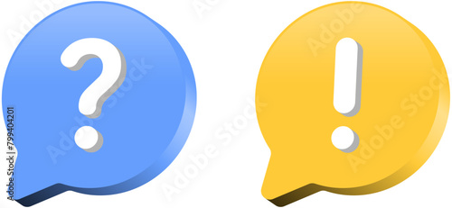 3d information icon button. question mark and exclamation mark icon in modern 3d speech bubble shapes , alert, reminder, notification icons. ask, faq, support, 3d icons set. Vector illustration