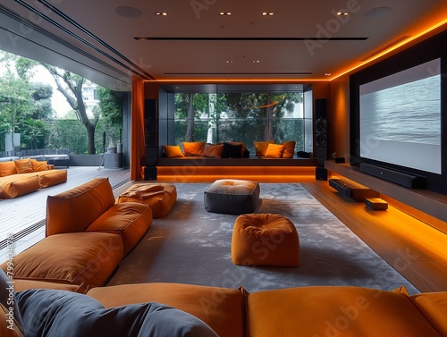 A living room with orange furniture and a large screen TV. The room has a cozy and inviting atmosphere, with a fireplace and a window that lets in natural light © MaxK