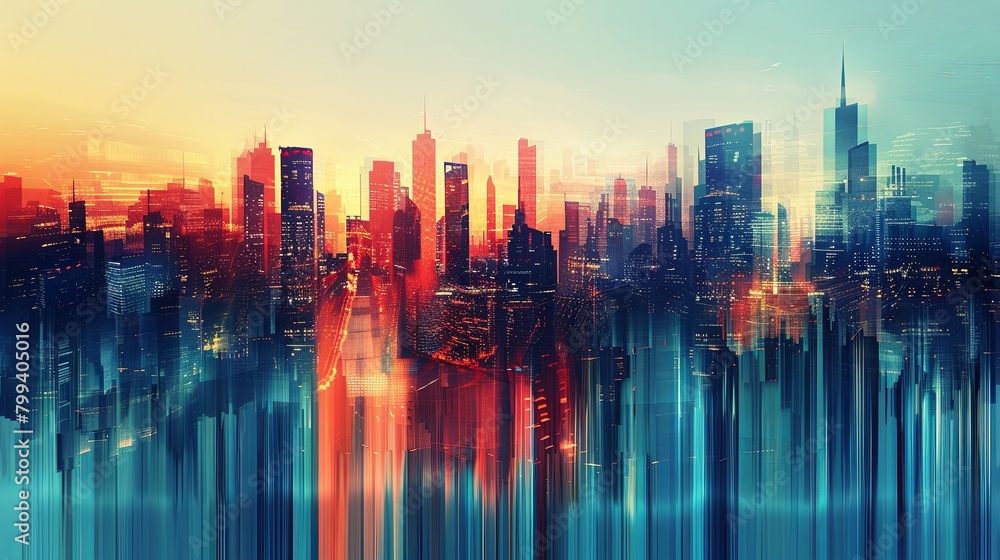 Abstract Cities, Perfect for urban life, tourism, or urban planning companies. Evokes modernity and liveliness, ideal for dynamic presentations. Generative AI.