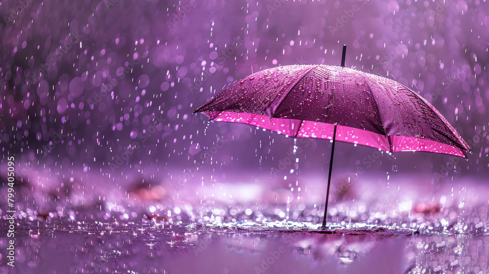   A purple umbrella sits in a puddle of water on a purple ground The ground is covered in rain