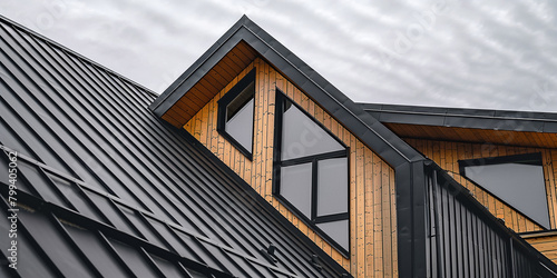 black metal roof on wooden house with gable window