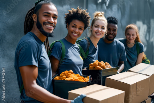 Group of people standing next to each other with boxes of food in front of them.