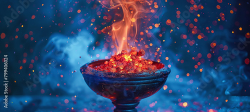 Hookah hookah with glowing red coals and flying sparks in a bowl on a blue background photo