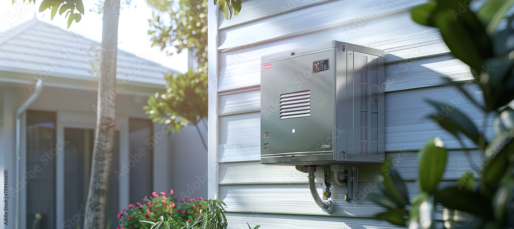 Modern external continuous gas water heater mounted on the wall of a house Modern external continuous gas water heater mounted on the wall of a house