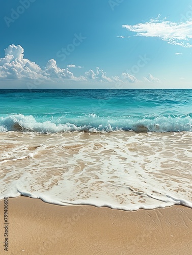 A pristine beach scene with crystal-clear turquoise waves, perfect for showcasing the beauty of marine ecology and nature conservation. Generative AI.