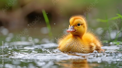  a duckling on a water surface, surrounded by lush green grass, and a softly blurred background