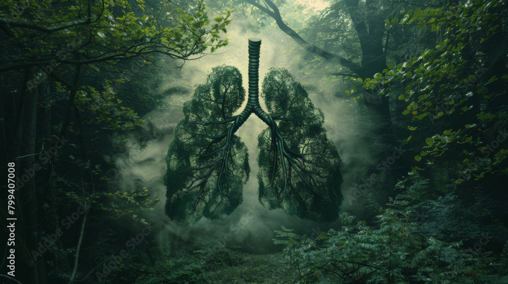 An abstract concept of a pair of lungs as trees in a forest breathing in clean oxygen air