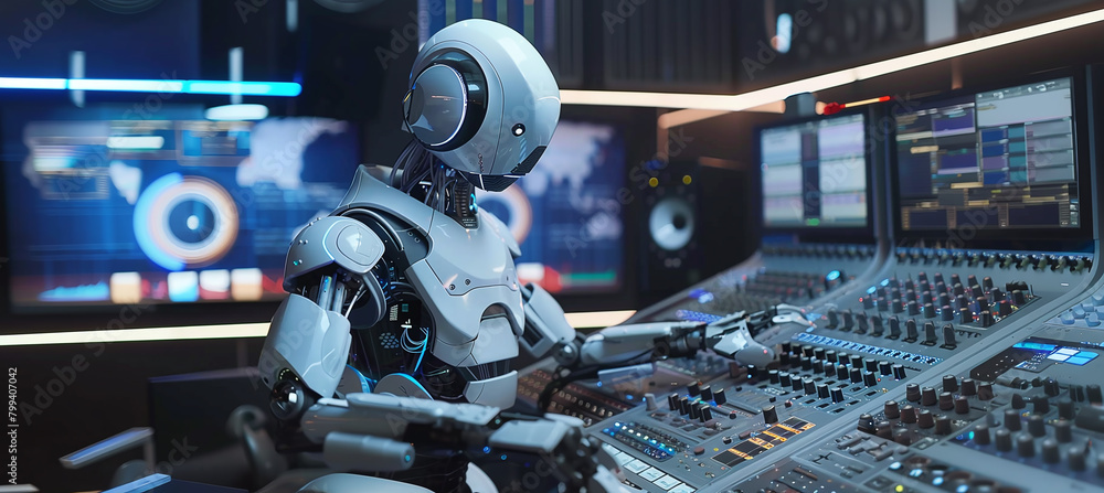 AI humanoid robot working in a radio station studio AI humanoid robot working in a radio station studio