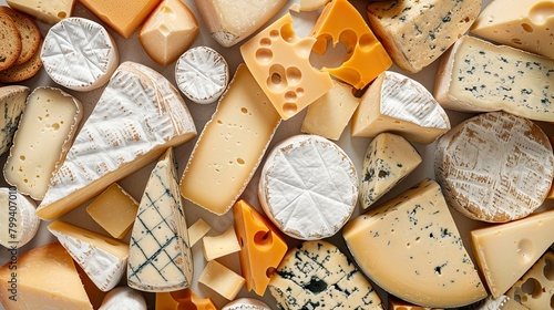 Cheese Assortment, Perfect for producers of cheese and dairy products. The background can depict an assortment of cheeses of various shapes and types. Generative AI.
