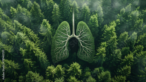 Obraz na płótnie An abstract concept of a pair of lungs as trees in a forest breathing in clean oxygen air from an aerial view w salonie