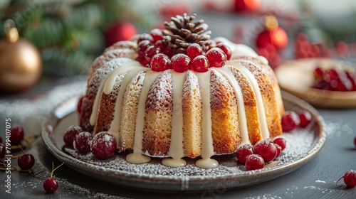 Bundt Cake With Icing and Cranberries on Plate