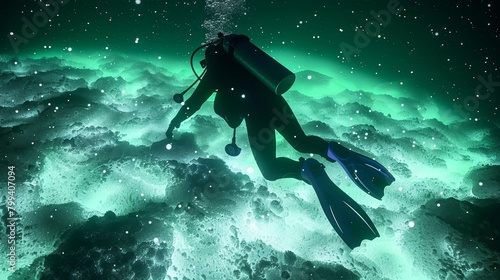 Luminous Underwater Adventure Diver Silhouette Glowing in Phosphorescent Sea with Marine Snow