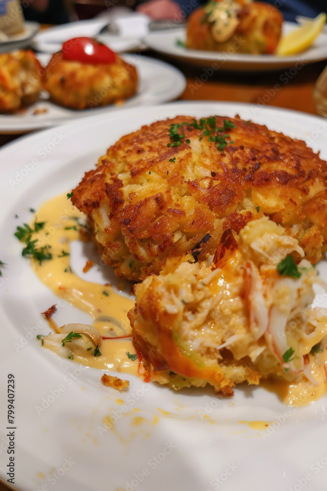 Delicious Crab Cakes at Restaurant., Culinary World Tour, Food and Street Food