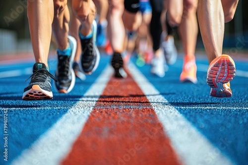 Fototapeta Naklejka Na Ścianę i Meble -  A diverse group of athletes are running on a track, each wearing vibrant colored shoes. They are focused on reaching the finish line with speed and determination