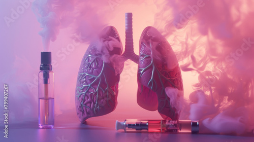 A concept of lungs from inhaling and exhaling e-cigarette and vape smoke