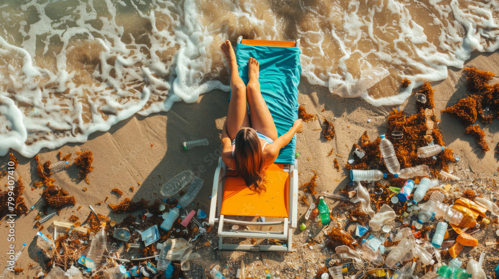 A environment concept of a woman relaxing on a deck chair on vacation surrounded by plastic waste and litter