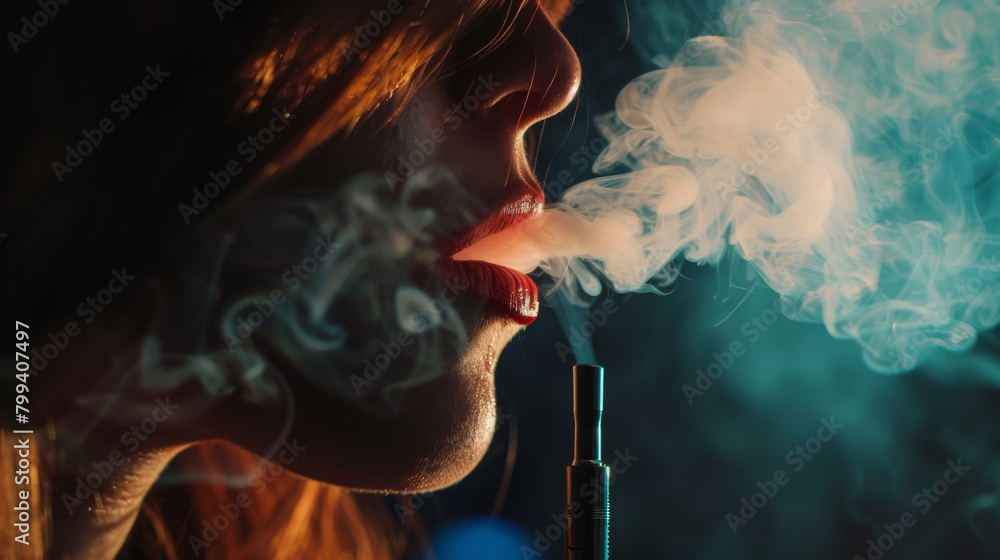Closeup of a woman exhaling smoke from an e-cigarette vape pen