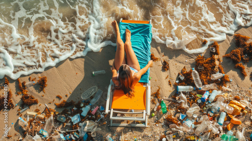 Obraz na płótnie A environment concept of a woman relaxing on a deck chair on vacation surrounded by plastic waste and litter w salonie