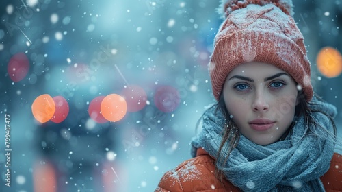 Woman in Red Coat and Blue Scarf