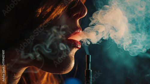 Obraz na płótnie Closeup of a woman exhaling smoke from an e-cigarette vape pen w salonie