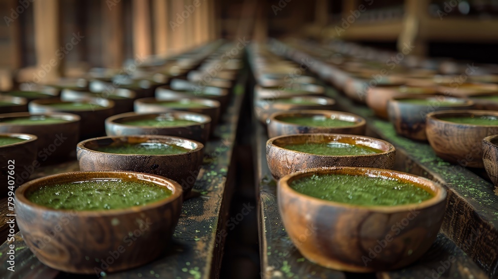 A line of wooden bowls, each holding green liquid, aligns atop a wooden table Parallel to it, another set of identical wooden bowls filled with the same verdant liquid A line of wooden bowls, each holding green liquid, aligns atop a wooden table Parallel to it, another set of identical wooden bowls filled with the same verdant liquid