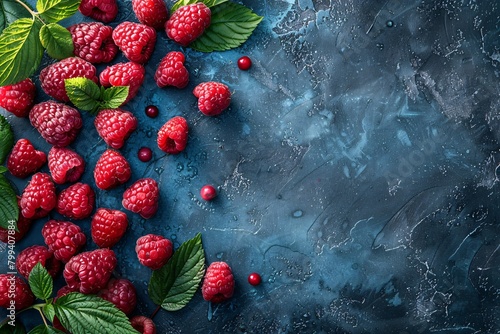 Fresh raspberries scattered on a textured blue surface, complemented by green leaves and subtle water droplets. photo